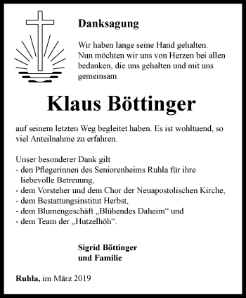 Traueranzeige von Klaus Böttinger von Thüringer Allgemeine, Thüringische Landeszeitung