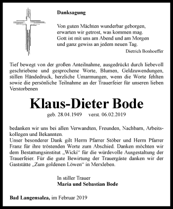 Traueranzeige von Klaus-Dieter Bode von Thüringer Allgemeine, Thüringische Landeszeitung