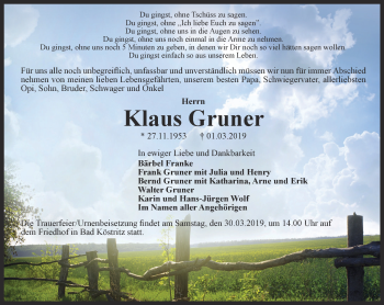 Traueranzeige von Klaus Gruner