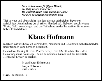 Traueranzeige von Klaus Hofmann von Ostthüringer Zeitung