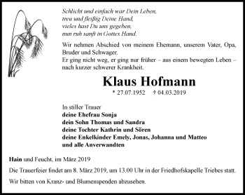 Traueranzeige von Klaus Hofmann von Ostthüringer Zeitung