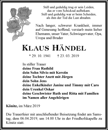 Traueranzeige von Klaus Händel von Ostthüringer Zeitung