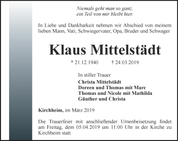 Traueranzeige von Klaus Mittelstädt von Thüringer Allgemeine