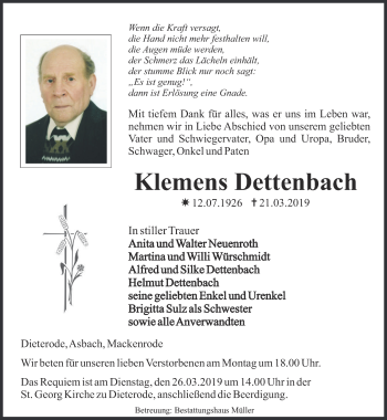Traueranzeige von Klemens Dettenbach von Thüringer Allgemeine