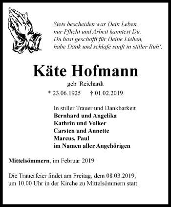 Traueranzeige von Käte Hofmann von Thüringer Allgemeine, Thüringische Landeszeitung