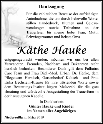 Traueranzeige von Käthe Hauke von Thüringer Allgemeine, Thüringische Landeszeitung