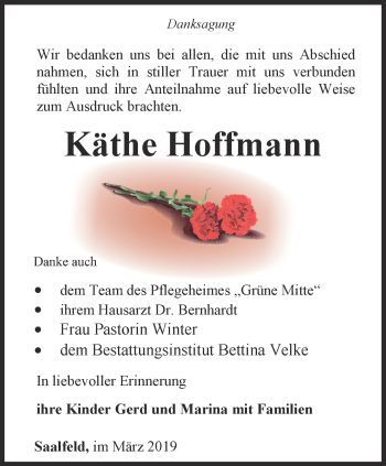 Traueranzeige von Käthe Hoffmann von Ostthüringer Zeitung