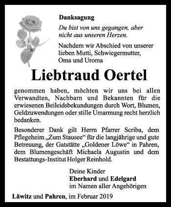 Traueranzeige von Liebtraud Oertel von Ostthüringer Zeitung