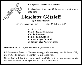 Traueranzeige von Lieselotte Götzloff von Ostthüringer Zeitung