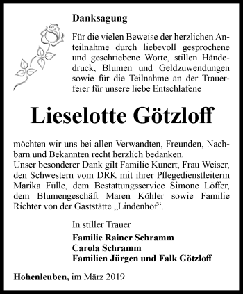 Traueranzeige von Lieselotte Götzloff von Ostthüringer Zeitung