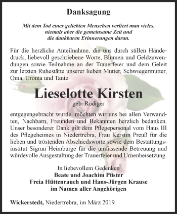 Traueranzeige von Lieselotte Kirsten von Thüringer Allgemeine, Thüringische Landeszeitung