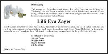 Traueranzeige von Lilli Eva Zager von Thüringer Allgemeine, Thüringische Landeszeitung