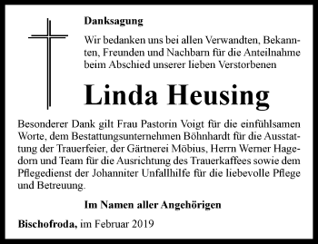 Traueranzeige von Linda Heusing von Thüringer Allgemeine, Thüringische Landeszeitung