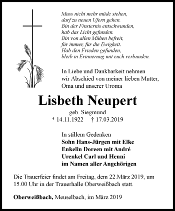 Traueranzeige von Lisbeth Neupert von Ostthüringer Zeitung