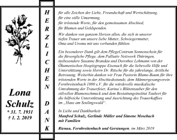 Traueranzeige von Lona Schulz von Thüringer Allgemeine, Thüringische Landeszeitung