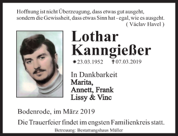 Traueranzeige von Lothar Kanngießer von Thüringer Allgemeine