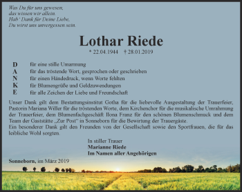 Traueranzeige von Lothar Riede von Ostthüringer Zeitung, Thüringische Landeszeitung