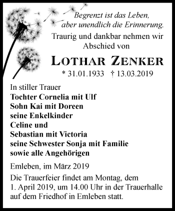 Traueranzeige von Lothar Zenker von Ostthüringer Zeitung, Thüringische Landeszeitung