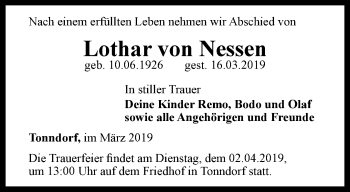 Traueranzeige von Lothar von Nessen von Thüringer Allgemeine, Thüringische Landeszeitung