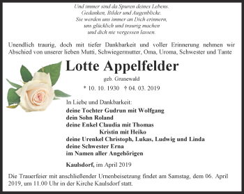 Traueranzeige von Lotte Appelfelder von Ostthüringer Zeitung