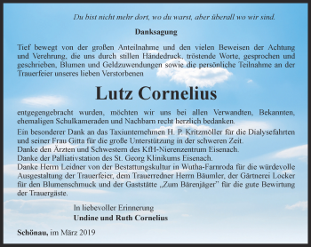 Traueranzeige von Lutz Cornelius von Thüringer Allgemeine, Thüringische Landeszeitung