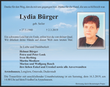 Traueranzeige von Lydia Bürger von Thüringer Allgemeine