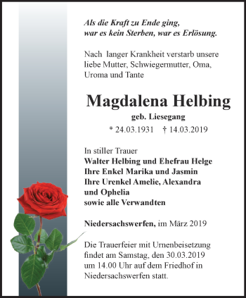 Traueranzeige von Magdalena Helbing von Thüringer Allgemeine