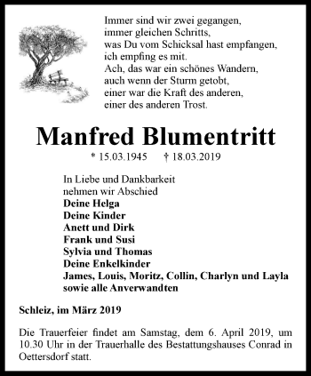 Traueranzeige von Manfred Blumentritt von Ostthüringer Zeitung
