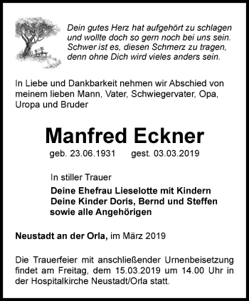 Traueranzeige von Manfred Eckner von Ostthüringer Zeitung