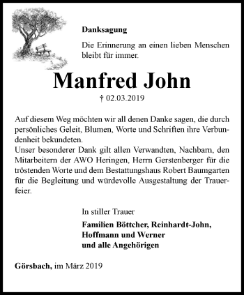 Traueranzeige von Manfred John von Thüringer Allgemeine