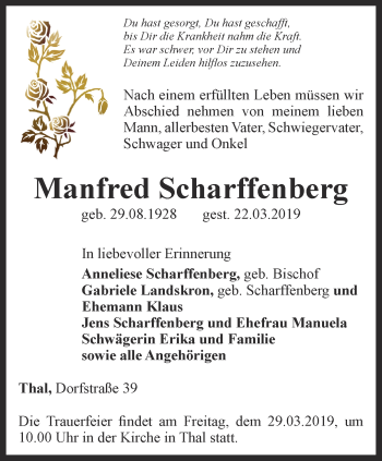 Traueranzeige von Manfred Scharffenberg von Thüringer Allgemeine, Thüringische Landeszeitung