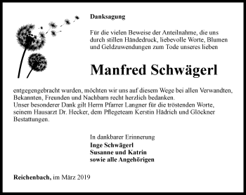 Traueranzeige von Manfred Schwägerl von Ostthüringer Zeitung