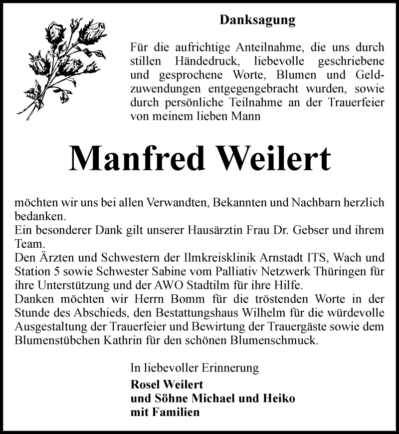 Traueranzeigen von Manfred Weilert trauerinthueringen.de