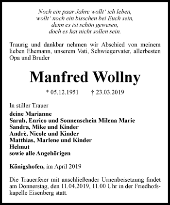 Traueranzeige von Manfred Wollny von Ostthüringer Zeitung