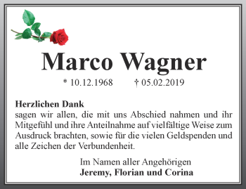 Traueranzeige von Marco Wagner von Thüringer Allgemeine, Thüringische Landeszeitung