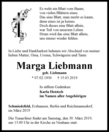 Traueranzeige von Marga Liebmann von Ostthüringer Zeitung