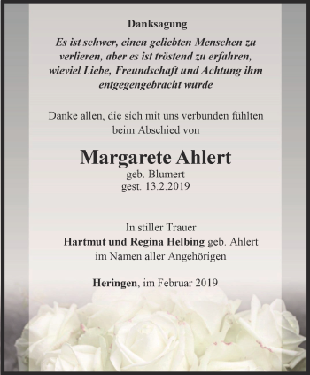 Traueranzeige von Margarete Ahlert von Thüringer Allgemeine