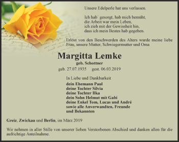 Traueranzeige von Margitta Lemke