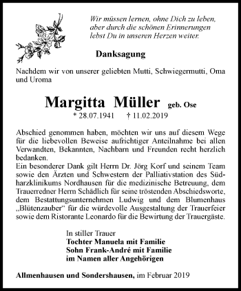Traueranzeige von Margitta Müller von Thüringer Allgemeine