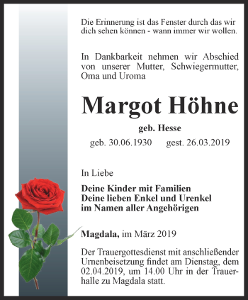 Traueranzeige von Margot Höhne von Thüringer Allgemeine, Thüringische Landeszeitung