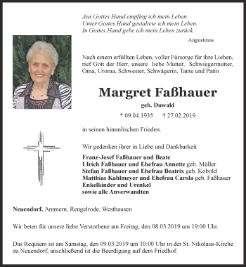 Traueranzeige von Margret Faßhauer von Thüringer Allgemeine