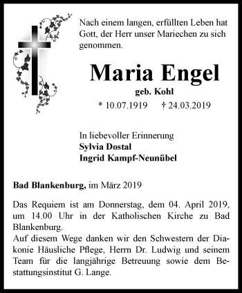 Traueranzeige von Maria Engel von Ostthüringer Zeitung