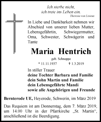 Traueranzeige von Maria Hentrich von Thüringer Allgemeine