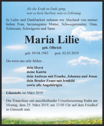 Traueranzeige von Maria Lilie von Thüringer Allgemeine