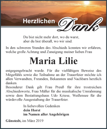Traueranzeige von Maria Lilie von Thüringer Allgemeine