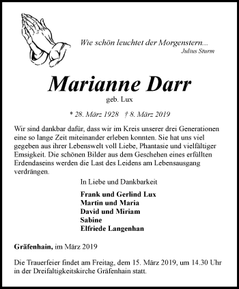 Traueranzeige von Marianne Darr von Ostthüringer Zeitung, Thüringische Landeszeitung