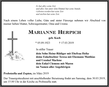 Traueranzeige von Marianne Herpich von Ostthüringer Zeitung