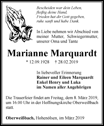 Traueranzeige von Marianne Marquardt von Ostthüringer Zeitung