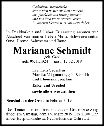 Traueranzeige von Marianne Schmidt