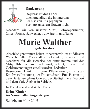 Traueranzeige von Marie Walther von Ostthüringer Zeitung